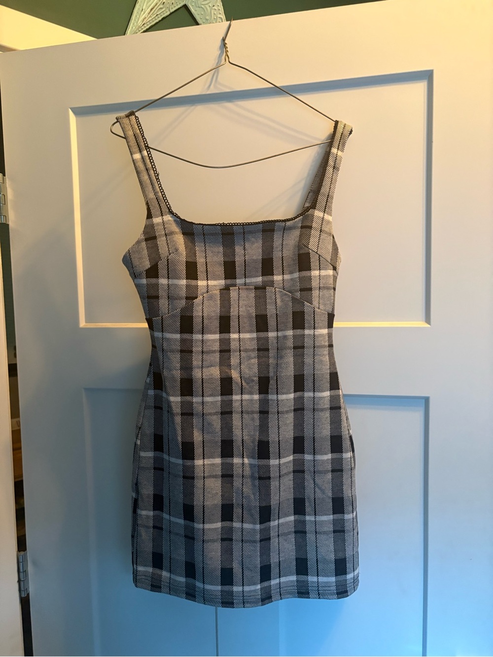 Plaid Square-Neck Mini Dress in Black and Gray